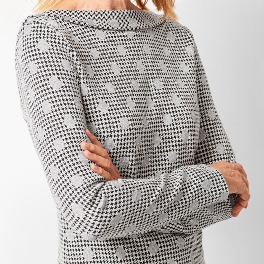 Talbots Medium Jacquard Dot Houndstooth Knit Bateau Neck Sweater Top Black White